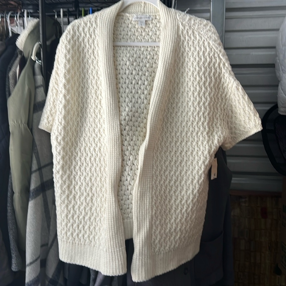 Coldwater Creek Cream cable mix cardigan cotton wool blend short sleeve knit XL